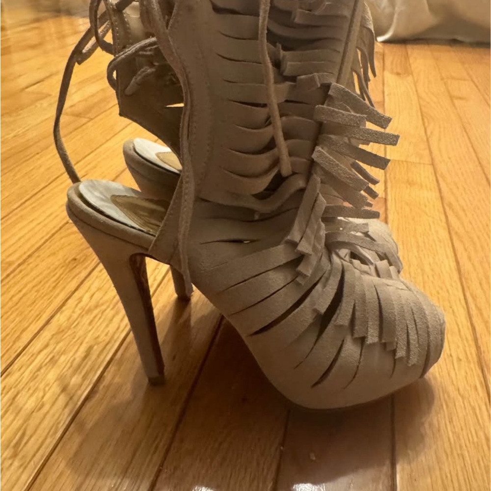 Christian Louboutin Taupe Fringed Suede Lace-Up Stiletto Sandals